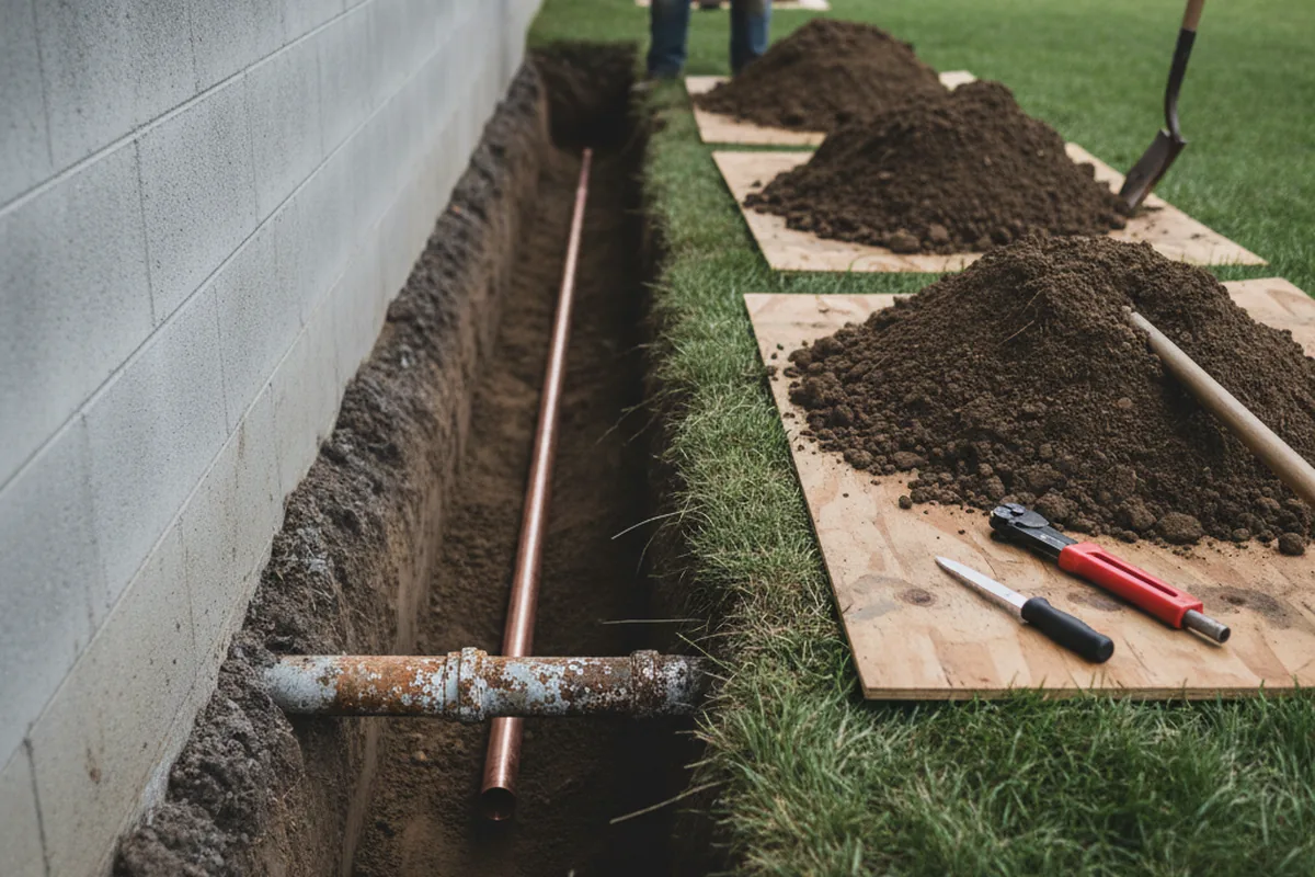 Excavated water line trench during Sewer Line Repair in Goodhue